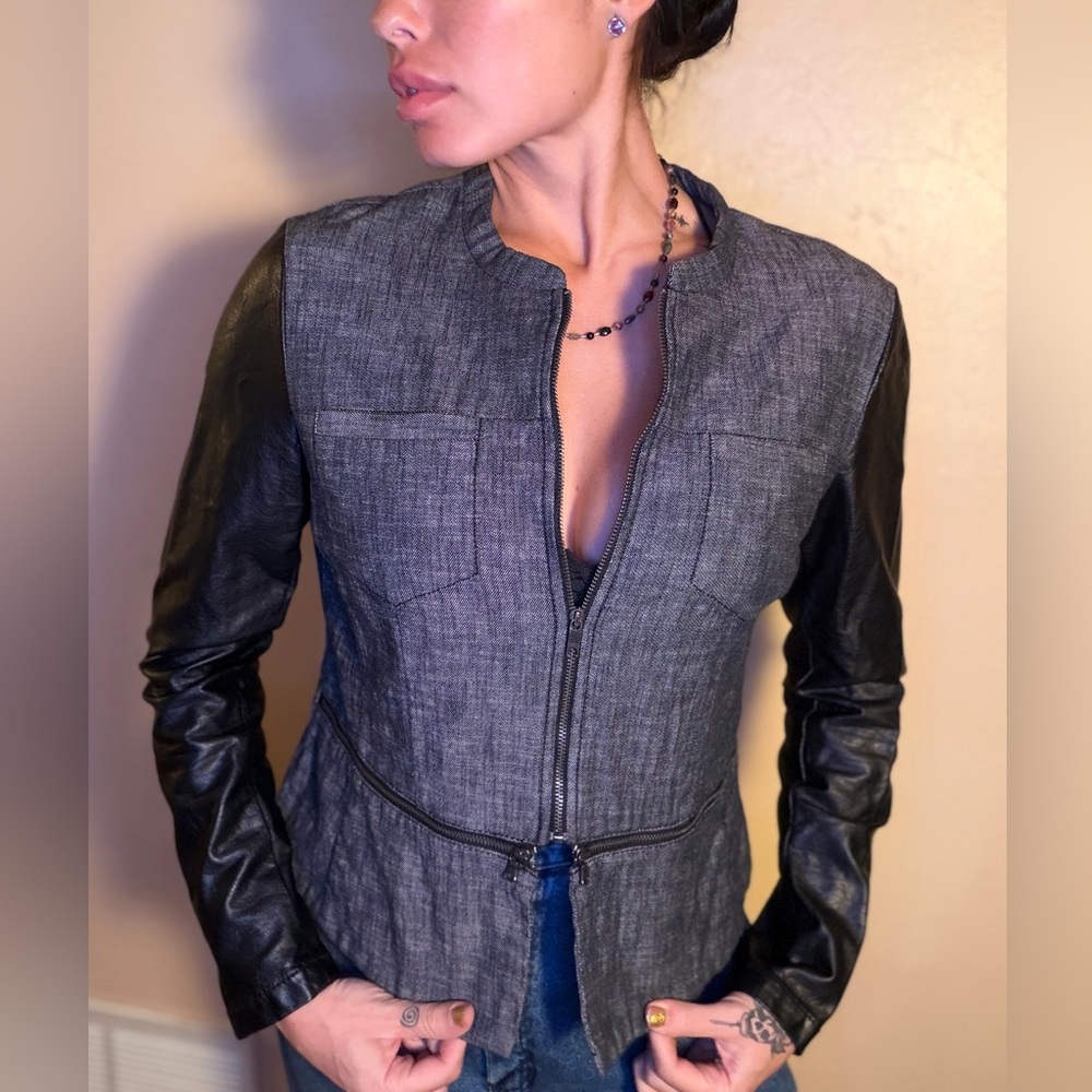 DKNY Black and Gray Leather Zipper Jacket